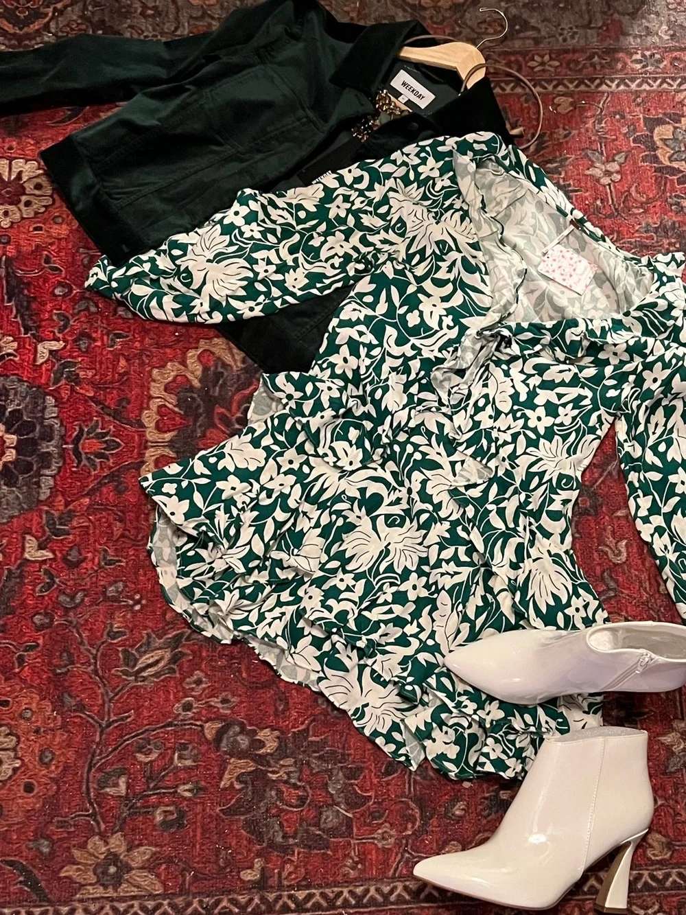 Free People XS Emerald Green & White Floral Ruffle Mini Dress NWT